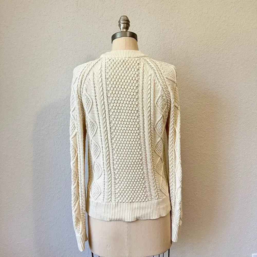 J.CREW Sweater Cream Crew Neck Pullover Cotton Cable Knit Fisherman